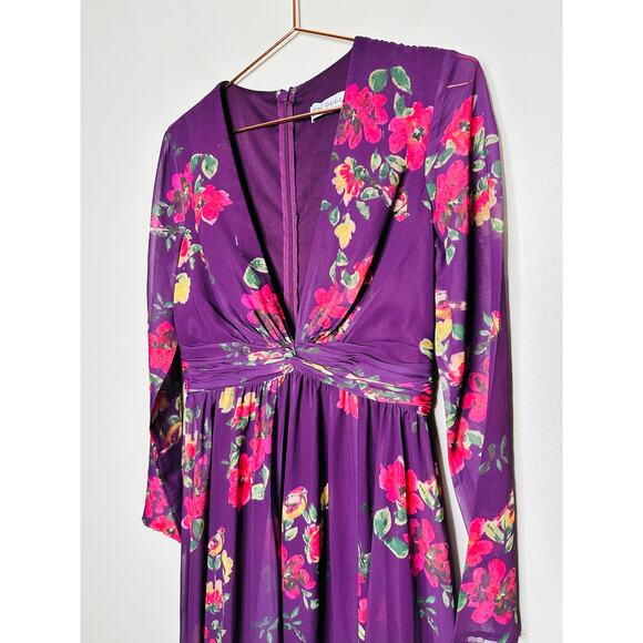 MAC DUGGAL Purple Floral Georgette Plunging Neckline High Slit Gown Size 8 - Picture 14 of 16